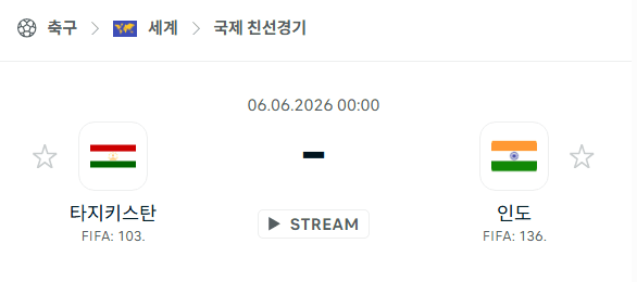 타지키스탄 vs 인도 국가대표 친선경기 6월6일 경기 분석 및 승부 예측