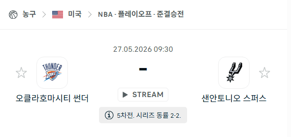 NBA 5월25일 오클라호마시티 썬더 vs 샌안토니오 스퍼스 경기 분석 및 예측