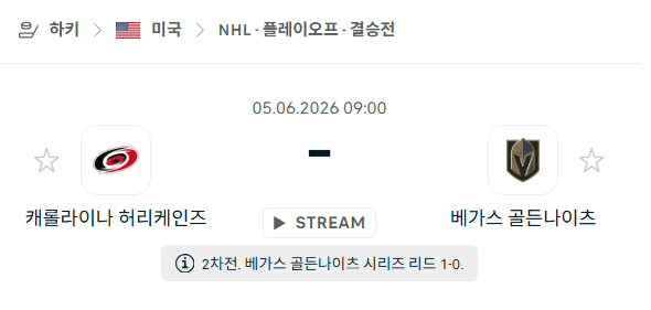 6월 5일 캐롤라이나 허리케인스 vs 베가스 골든나이츠 NHL 경기 분석 및 승부 예측